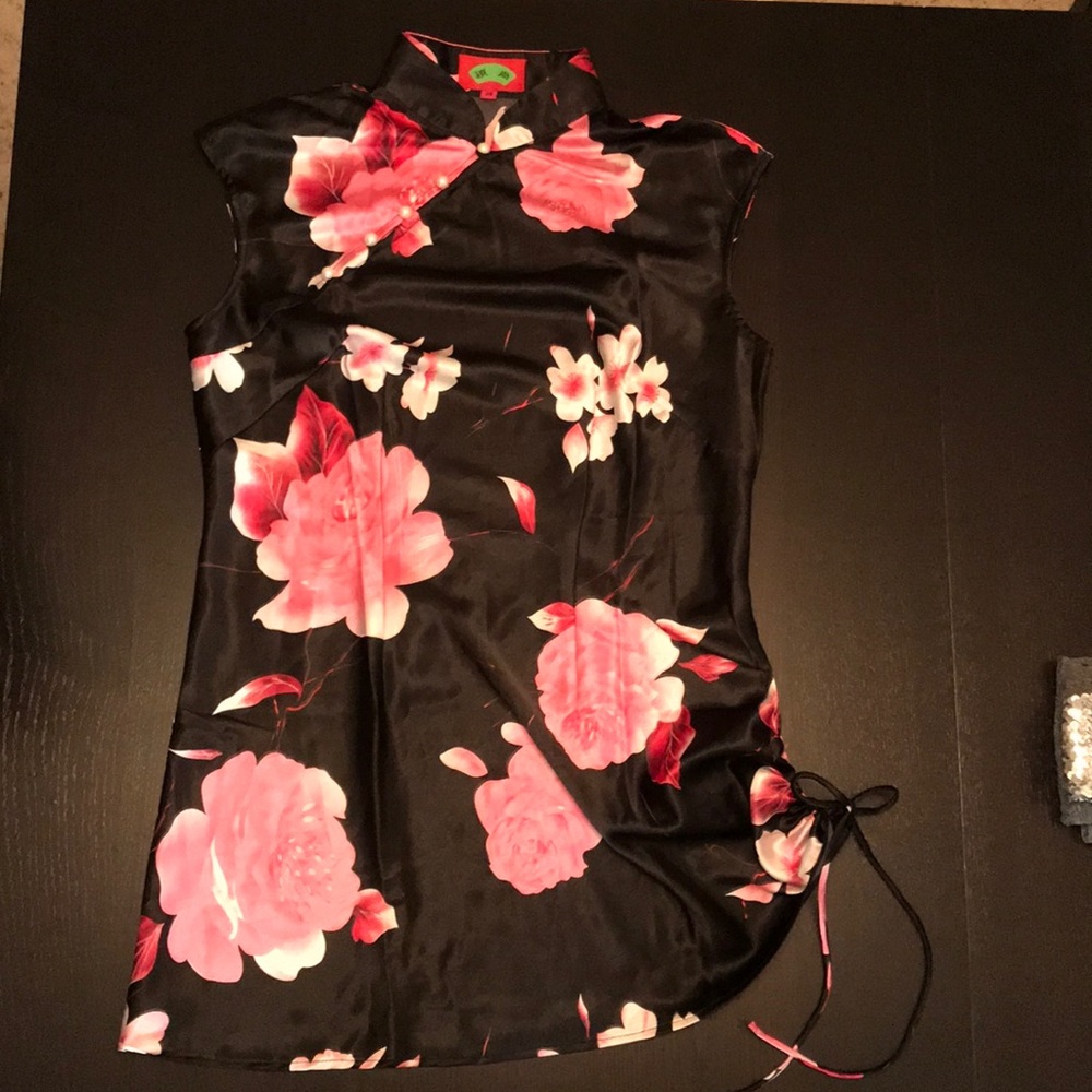 Black & pink silk dress w/ pearl button detail